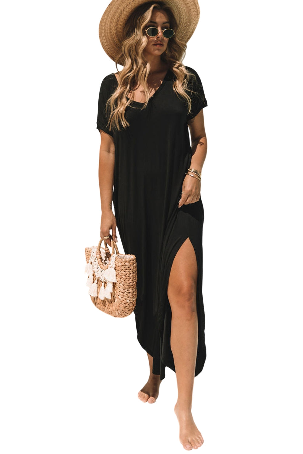 V Neck Hidden Pocket Splits Maxi T-Shirt Dress | Black