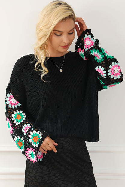 Floral Crochet Bell Sleeve Loose Sweater | Black