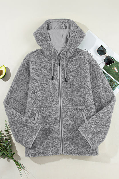 Fleece Zip Up Drawstring Hooded Pocketed Jacket | Medium Grey