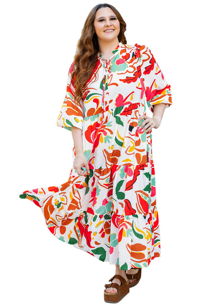 Floral Print Drawstring V Neck Tiered Plus Size Dress | Orange