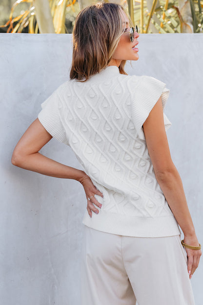 Textured Ruffled Mock Neck Knitted Vest | White