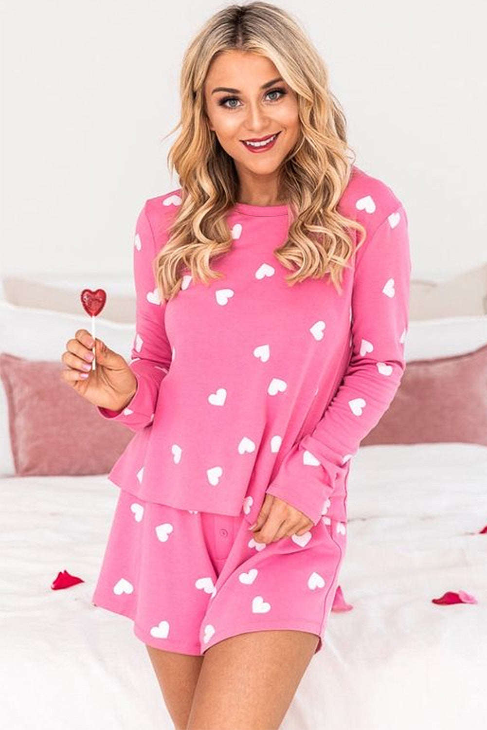 Valentine Heart Print Long Sleeve Tee And Shorts Lounge Set | Pink