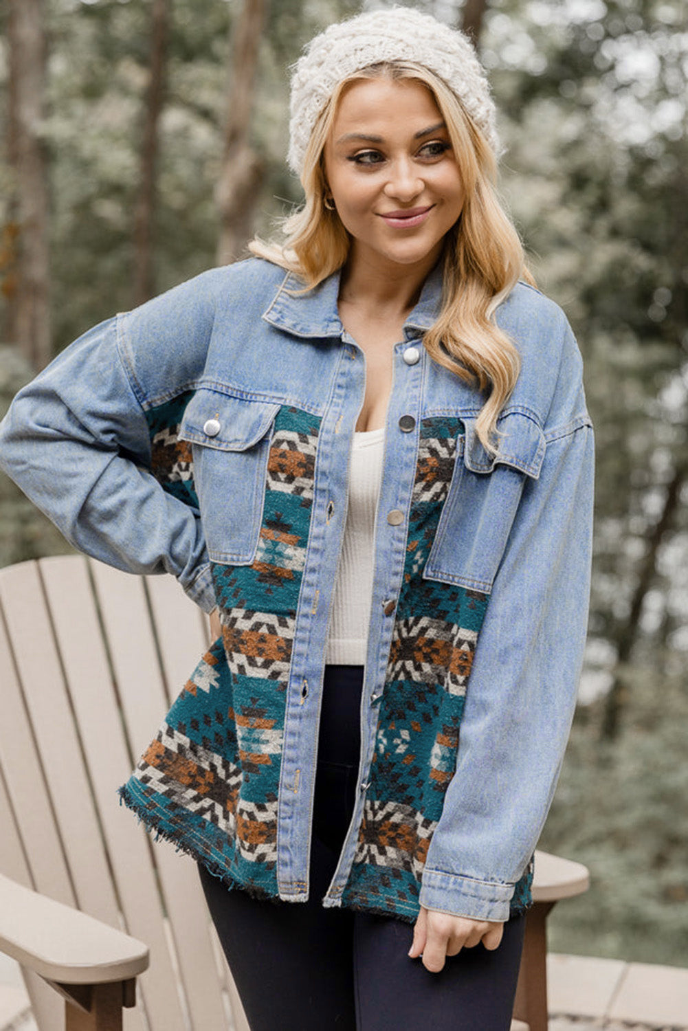 Aztec Printed Denim Jacket | Blue