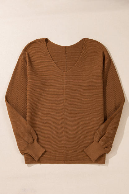 Ribbed Knit Drop Sleeve V Neck Loose Fit Sweater | Camel