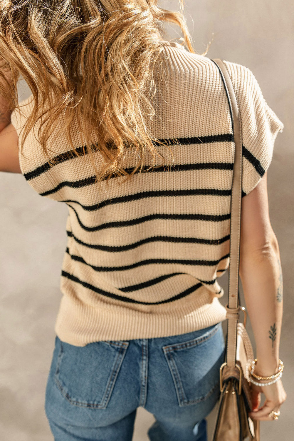 Striped Ribbed Knit High Neck Sweater | Parchment