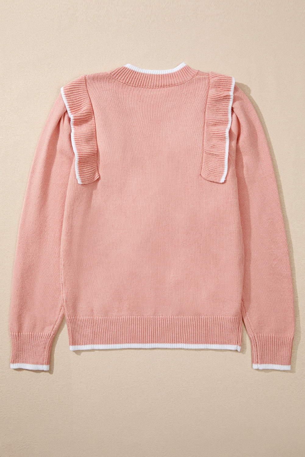 Ruffled Bowknot Ribbed Trim Long Sleeve Sweater | Light Pink