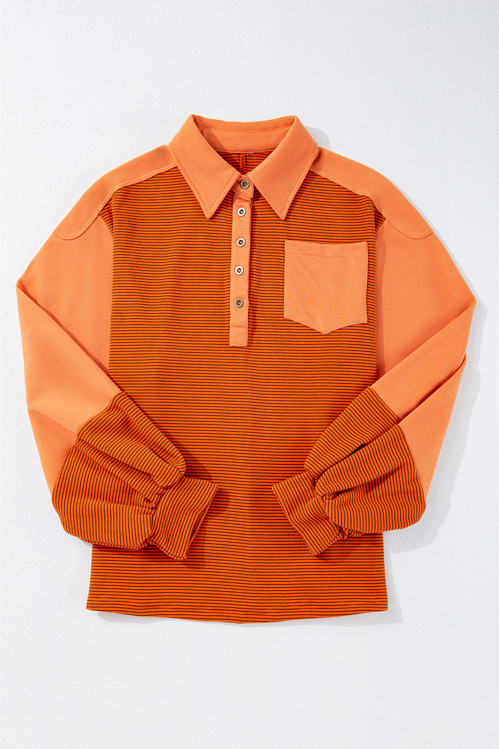 Exposed Seam Henley Turn-Down Neck Puff Sleeve Sweatshirt | Orange Stripe