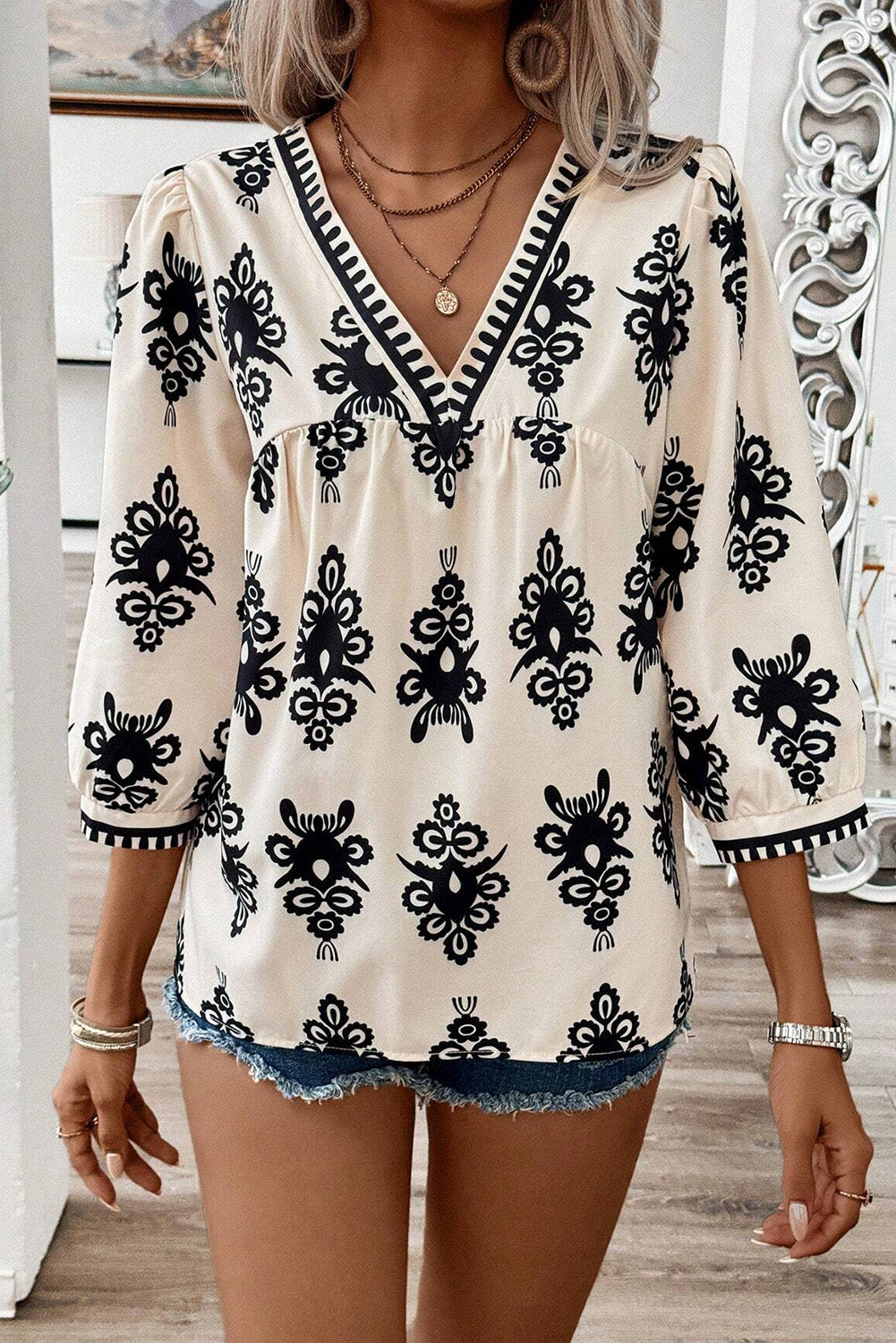 Vintage Geometric Printed 3/4 Sleeve V Neck Blouse | Beige