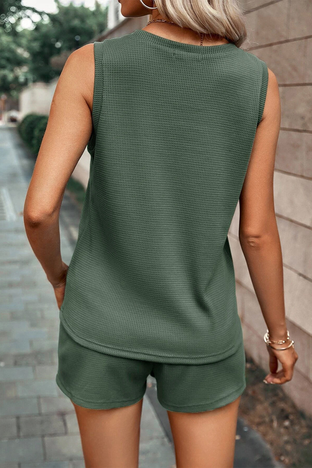 Waffle Knit Patched Pocket Tank And Drawstring Shorts Set | Mist Green