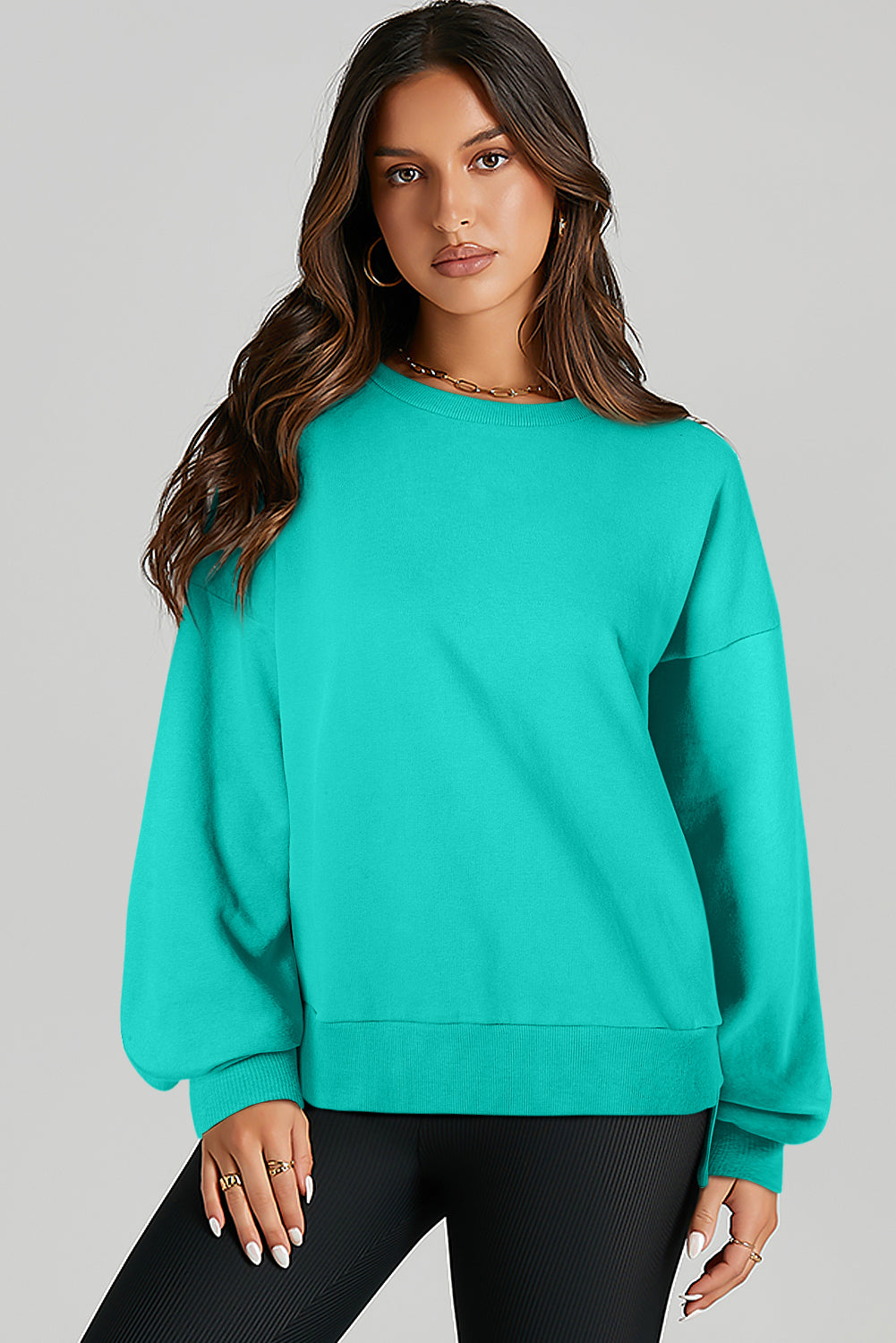 Solid O Neck High Low Hem Pullover Sweatshirt | Aruba Blue