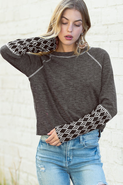 Aztec Patchwork Ribbed Long Sleeve Top | Gray