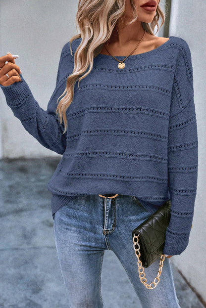 Boat Neck Drop Shoulder Pointelle Knit Sweater | Real Teal