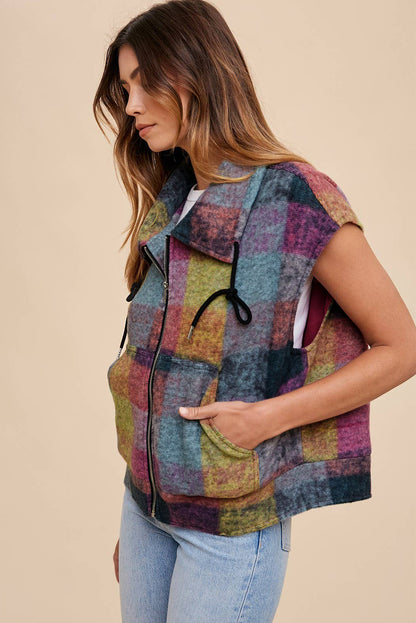 Plaid Print Side Pockets Zipped Loose Vest | Multicolour