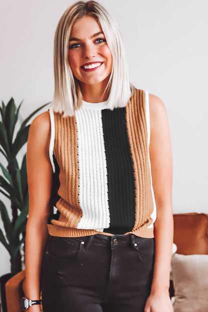 Colour Block Sleeveless Knitted Sweater Vest | Khaki Stripe