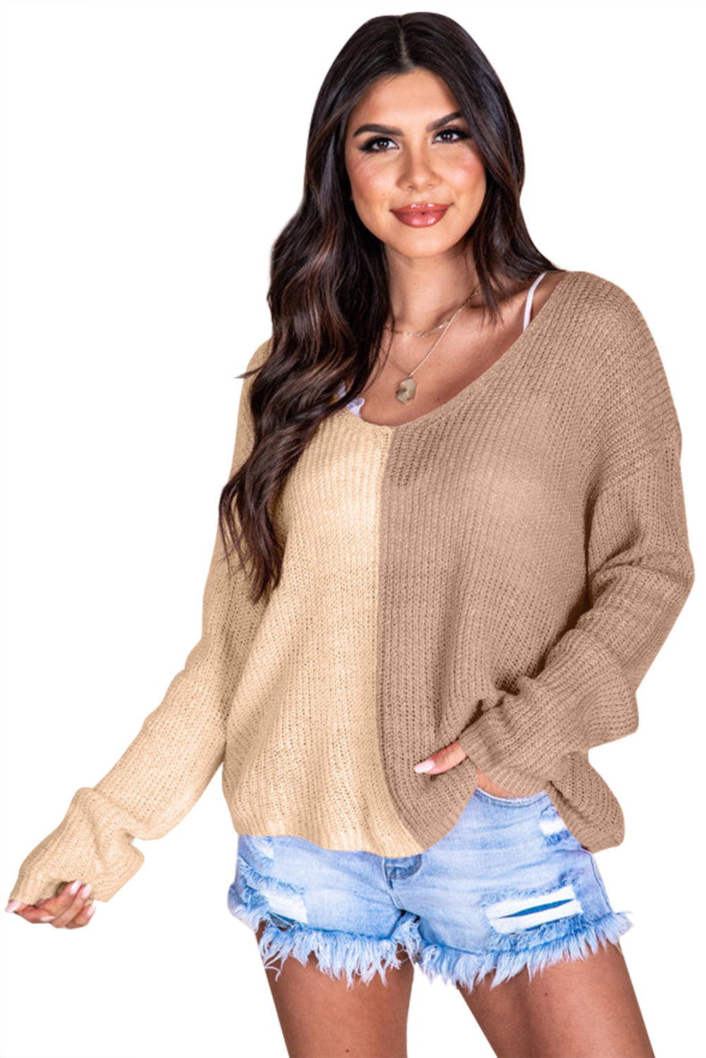 Long Sleeve V-Neck Colourblock Sweater | Khaki