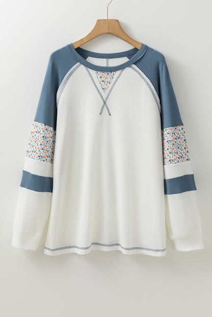 Floral Patchwork Waffle Knit Raglan Top | White