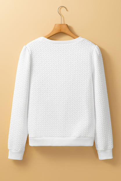 Textured Puff Long Sleeve Round Neck Top | White