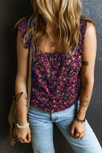 Boho Frilled Straps Floral Tank Top | Rose