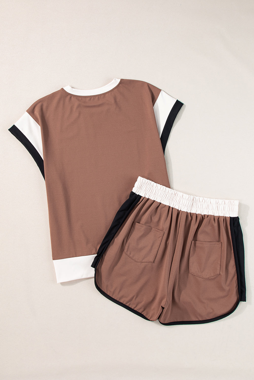 Contrast Trim Cap Sleeve Tee Shorts Set | Coffee