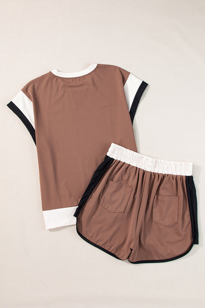 Contrast Trim Cap Sleeve Tee Shorts Set | Coffee