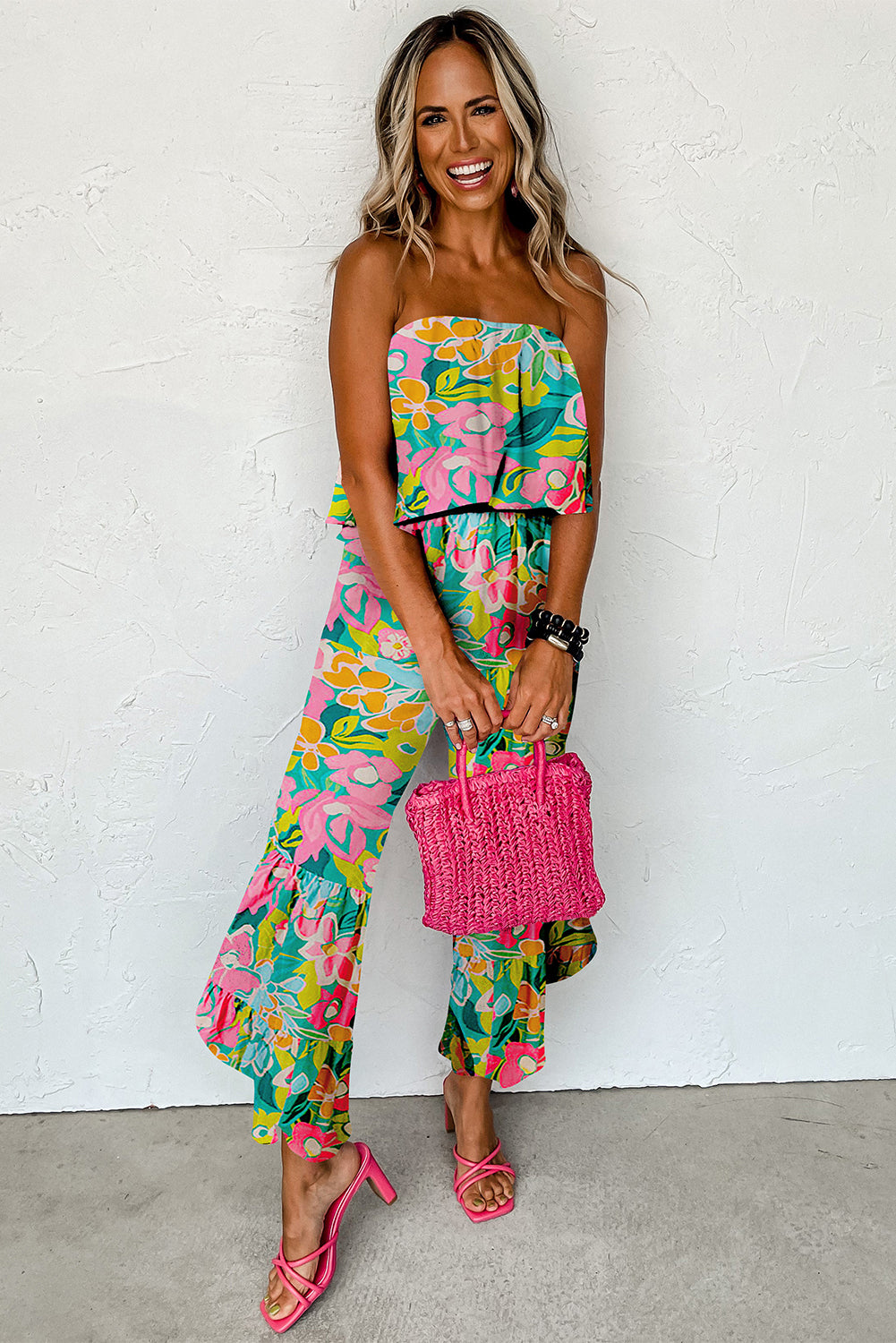 Mix Tropical Print Strapless Ruffled Jumpsuit | Green