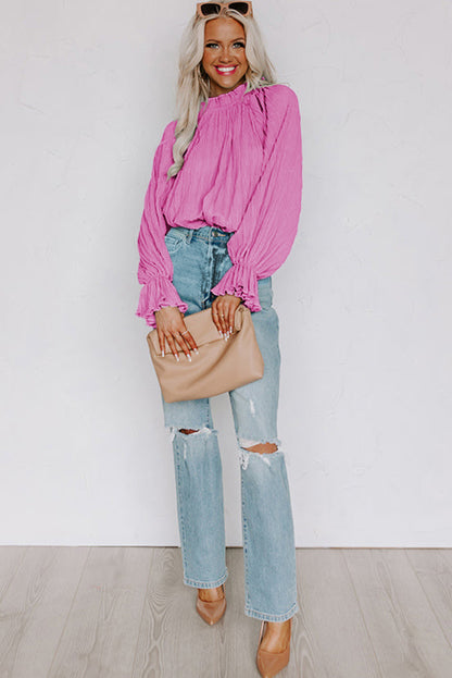 Striking Pleated Flared Cuff Long Sleeve Blouse | Pink