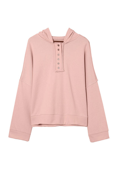 Casual Button Solid Patchwork Trim Hoodie | Pink