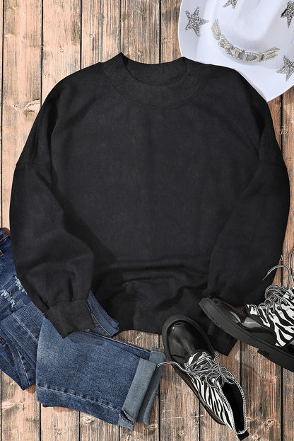 Drop Shoulder Crew Neck Pullover Sweatshirt | Black