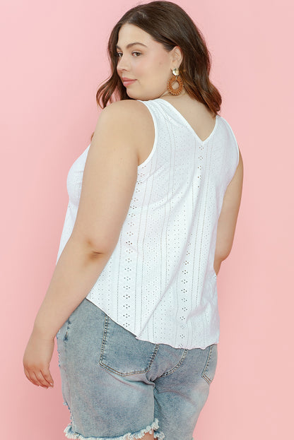 Plus Size Guipure V Neck Eyelet Lace Tank Top | White