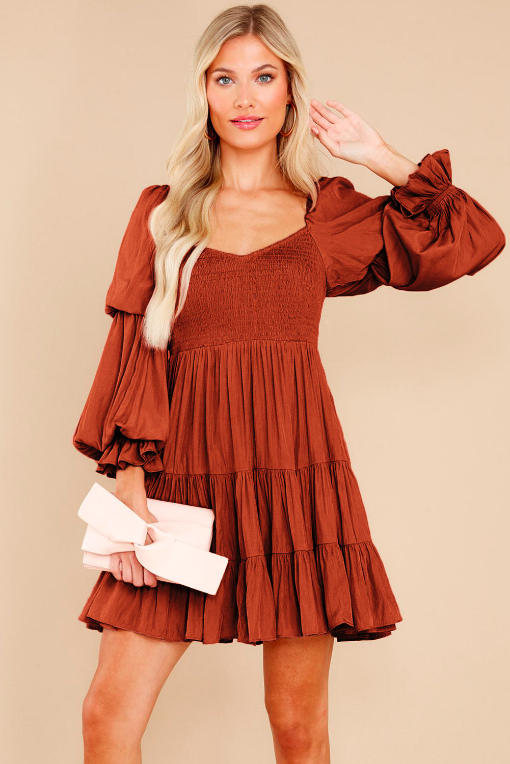 Boho Solid Shirred Ruffle Mini Dress | Brown