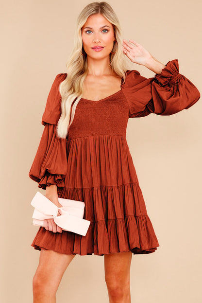 Boho Solid Shirred Ruffle Mini Dress | Brown