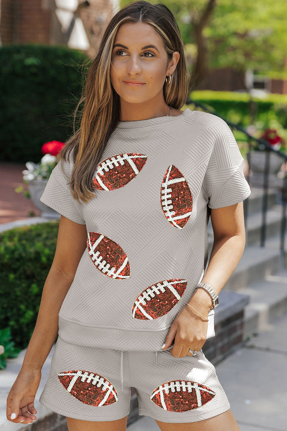 Sequin Rugby Football Textured T Shirt Shorts Set | Gray