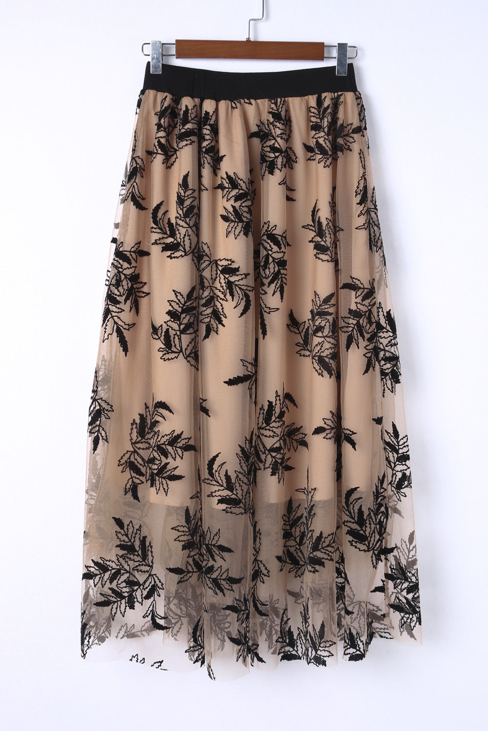 Floral Leaves Embroidered High Waist Maxi Skirt | Apricot