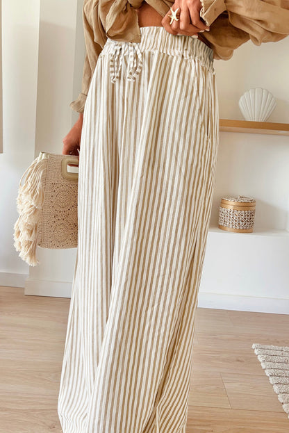 Plus Size Drawstring High Waist Wide Leg Pants | Khaki Stripe