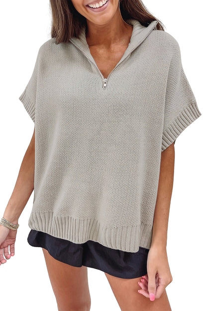 Quarter Zip Short Batwing Sleeve Sweater | Light Grey