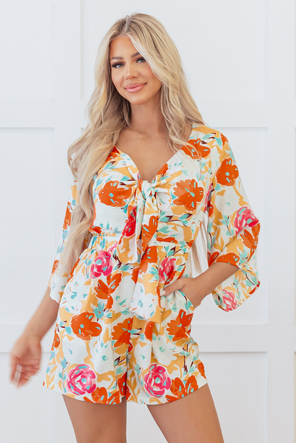 Blooming Floral Print Front Tie Romper | Orange