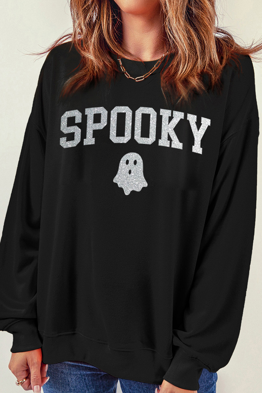 Glitter Spooky Ghost Pattern Crew Neck Halloween Sweatshirt | Black