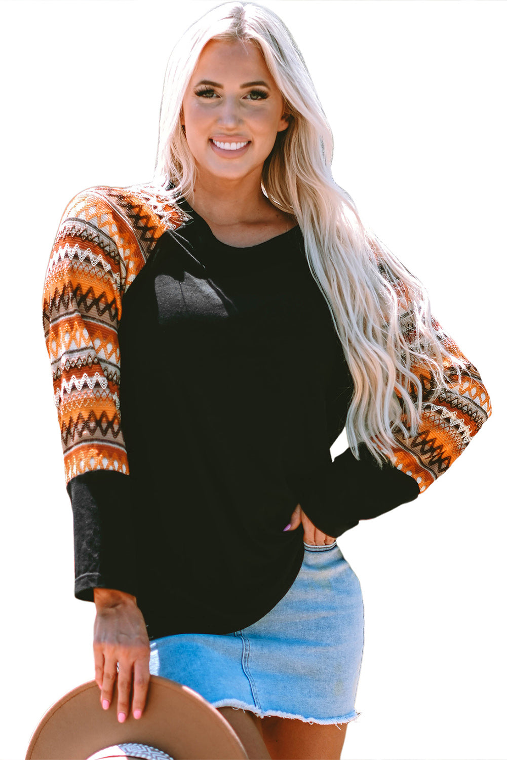 Geo Print Raglan Patchwork Long Sleeve Tee | Orange