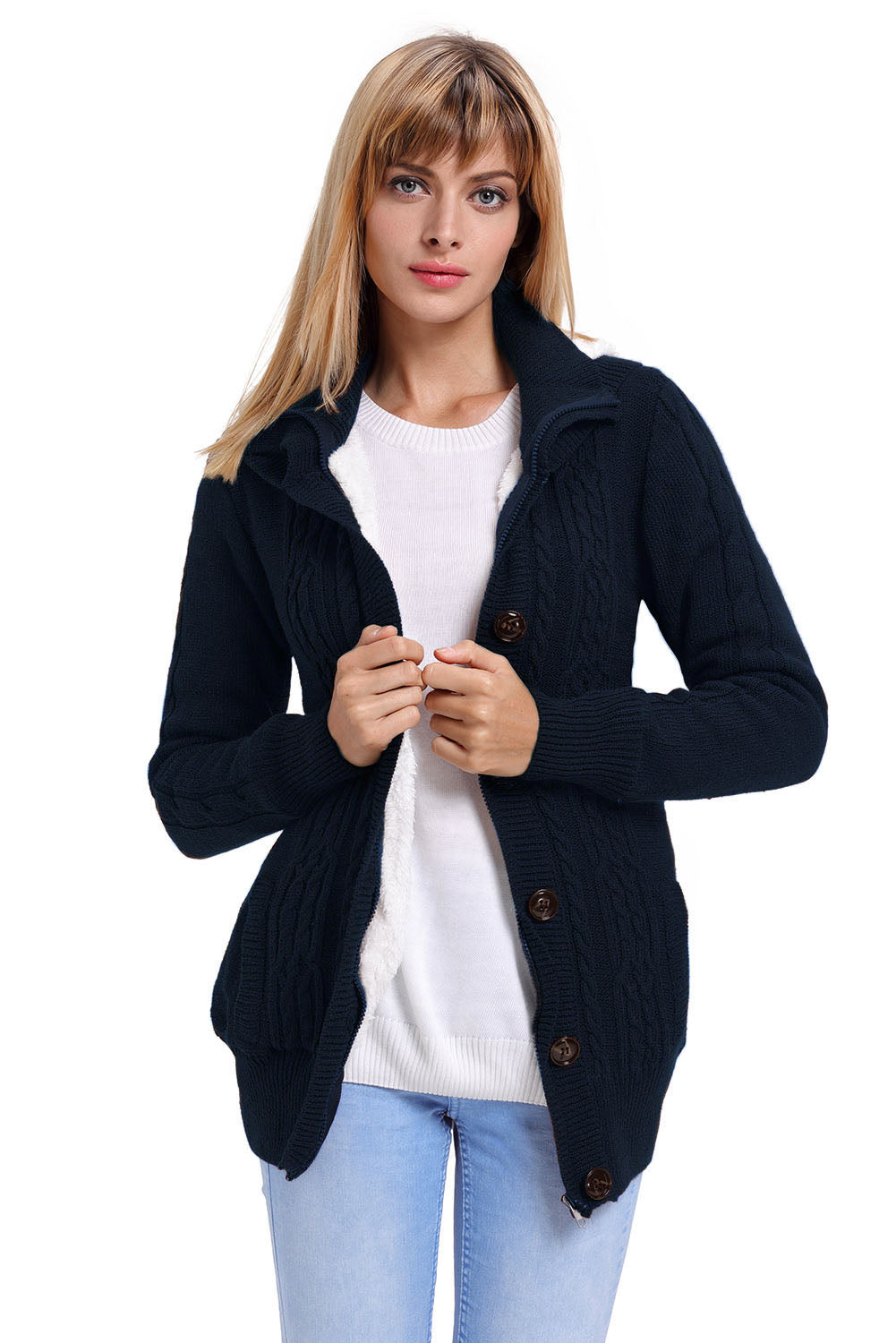 Long Sleeve Button-Up Hooded Cardigans | Navy Blue