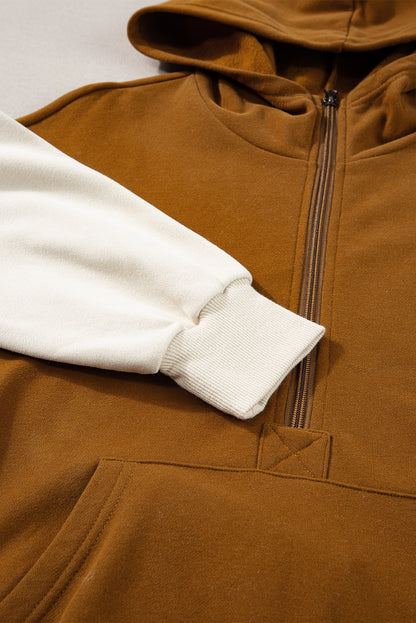 Colour Block Half Zip Kangaroo Pocketed Hoodie | Chestnut