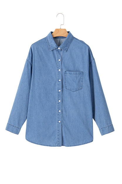 Solid Colour Oversized Patched Pocket Buttoned Shirt | Beau Blue