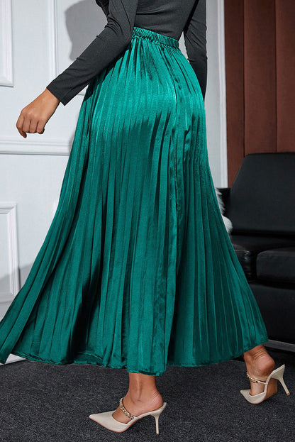 Satin Elastic Waist Pleated Maxi Skirt | Blackish Green