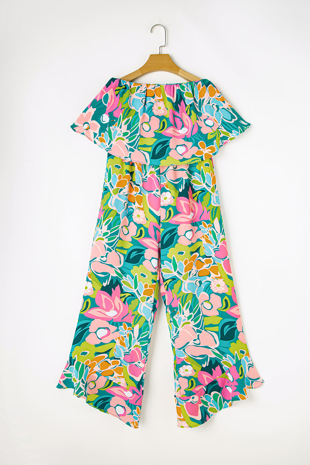 Mix Tropical Print Strapless Ruffled Jumpsuit | Green