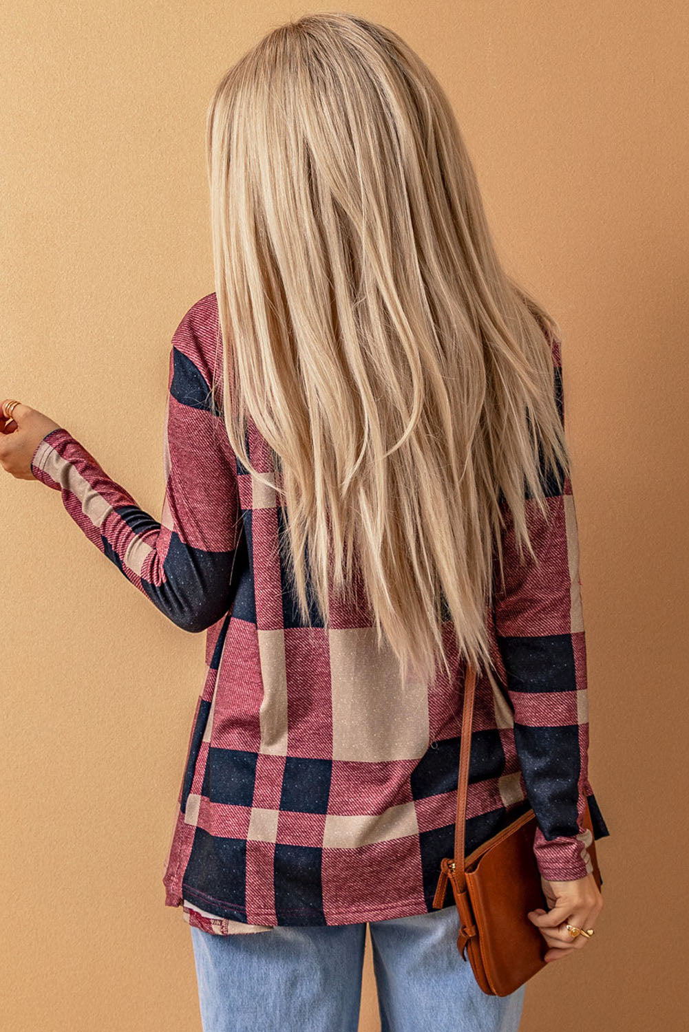 Draped Open Front Plaid Cardigan | Red