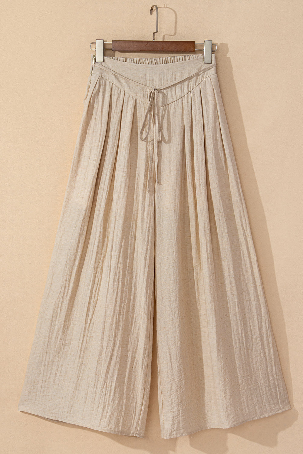 Drawstring Waist Pleated Wide Leg Casual Pants | Beige