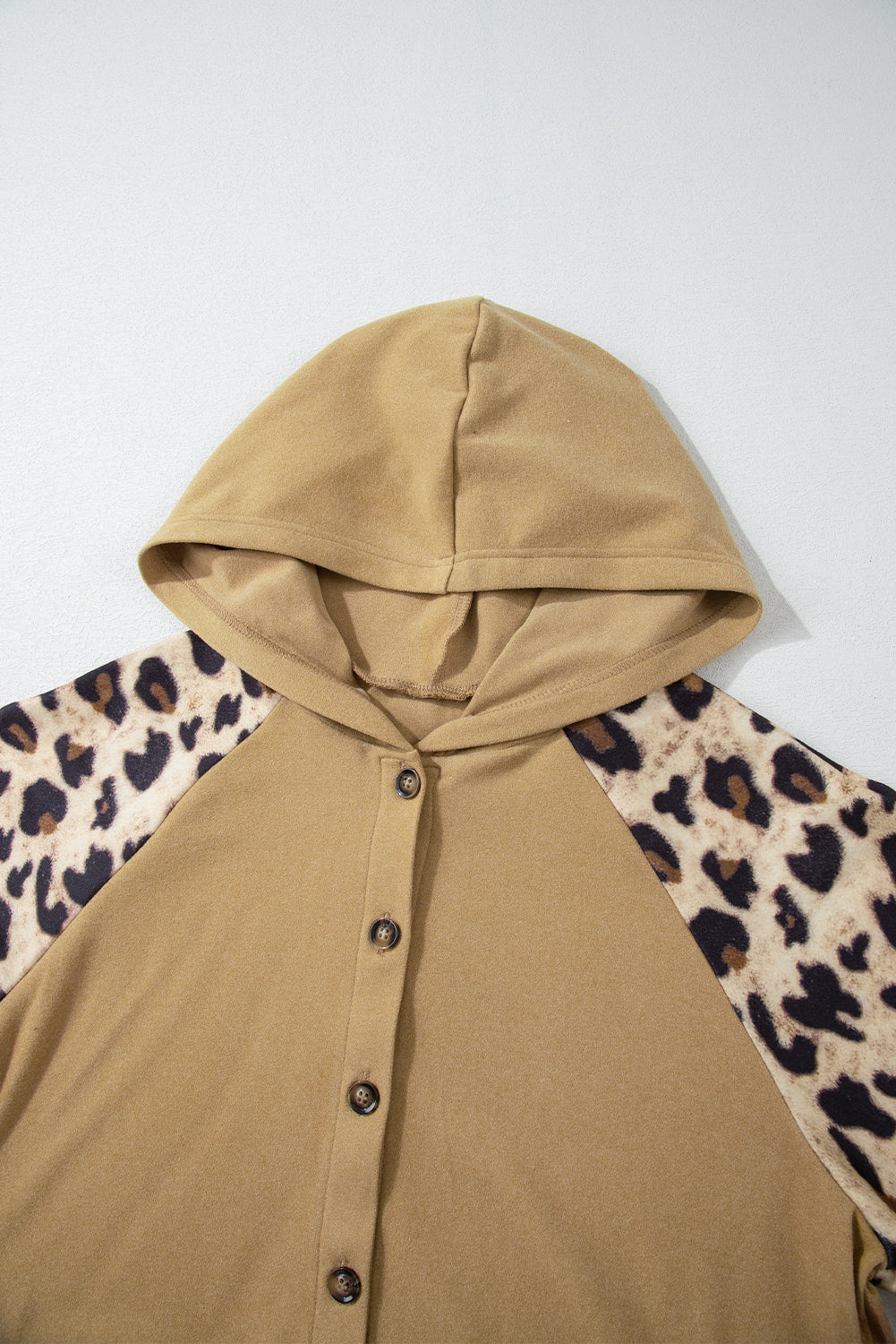 Leopard Print Patchwork Raglan Sleeve Half Buttons Hoodie | Light French Beige