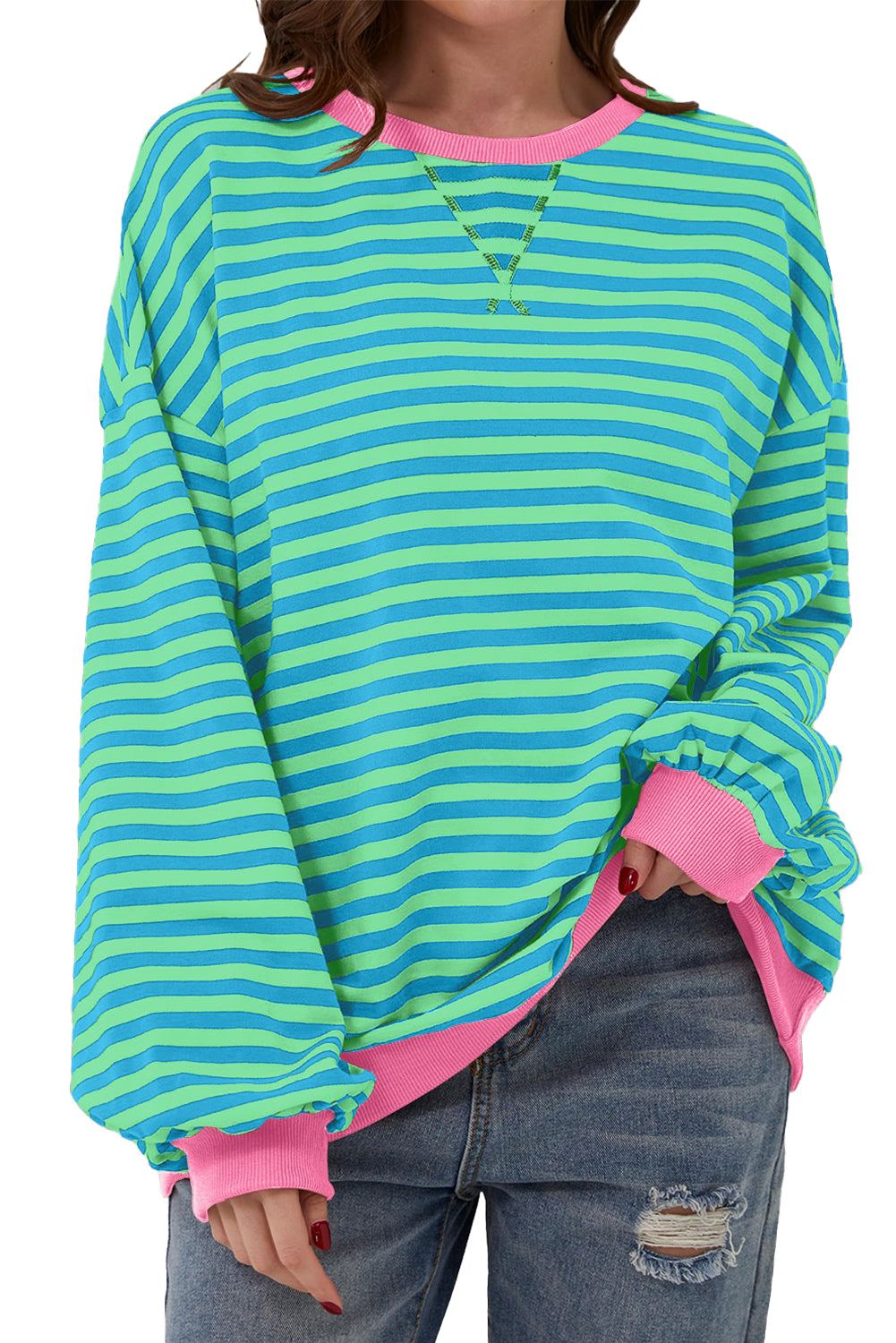 Oversized Contrast Trim Pullover Sweatshirt | Sky Blue Stripe