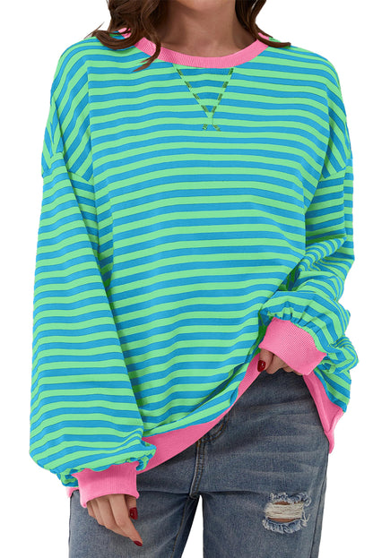 Oversized Contrast Trim Pullover Sweatshirt | Sky Blue Stripe