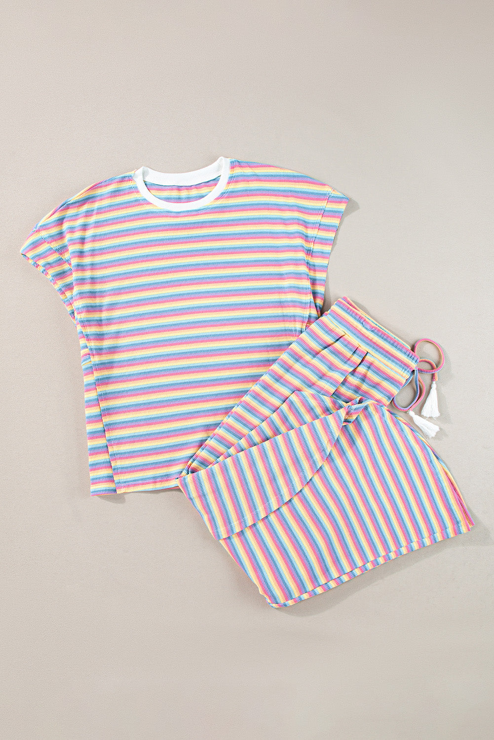 Rainbow Tee Tasseled String Wide Leg Pants Set | Pink Stripe