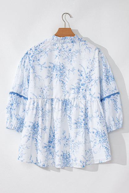 Floral 3/4 Sleeve Tied Collar Blouse | Sky Blue